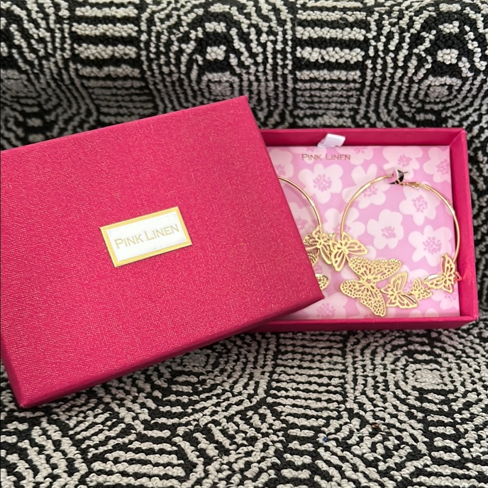 Pink Linen Gold Butterfly Hoop Earrings